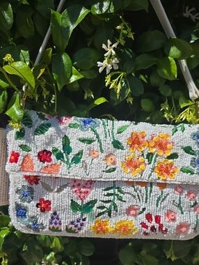 Beaded Floral White Should Bag or handheld with Multicolor Flowers & Stawberries